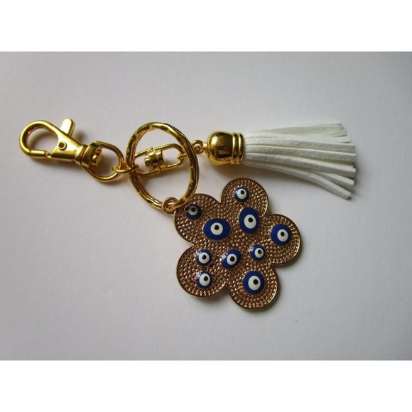 Gold tone blue evil eye flower charm key chain white leather tassel purse charm - Picture 7 of 9